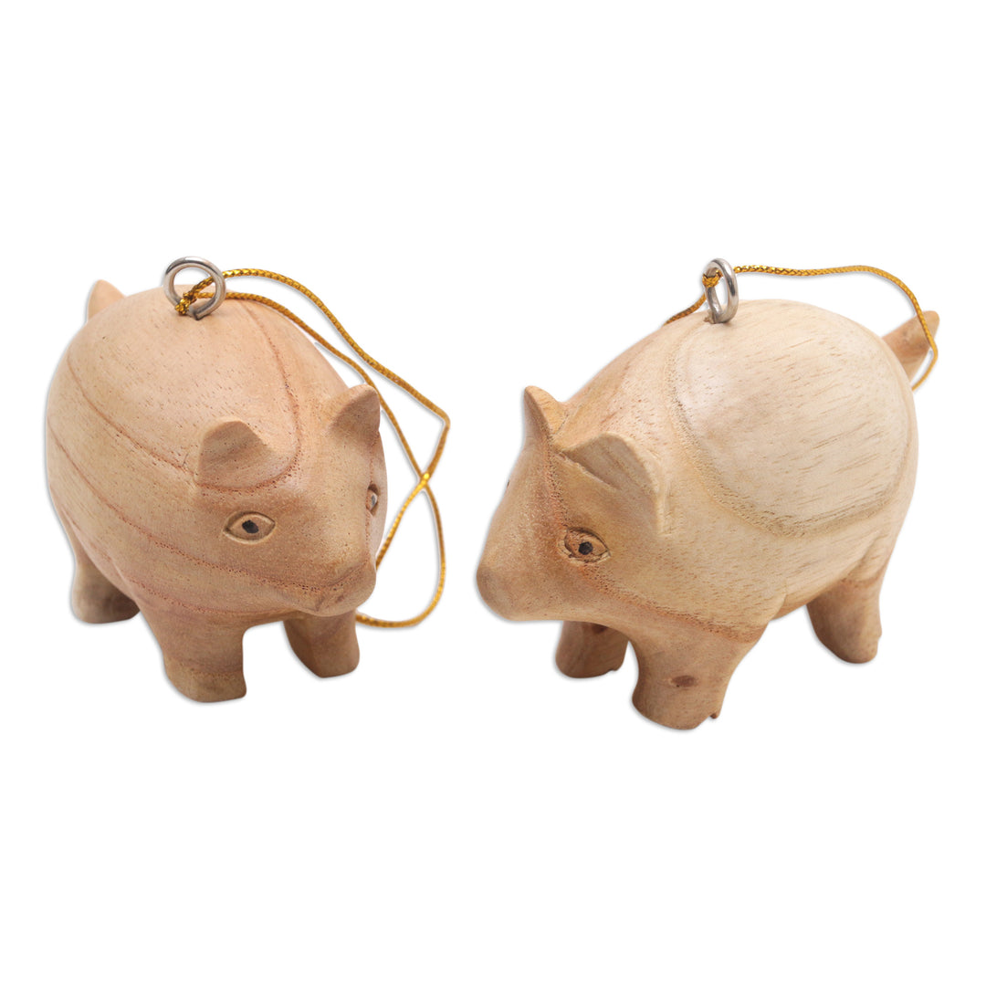 Pair of Wood Pig Ornaments Hand-Carved in Bali - Chubby Piggies