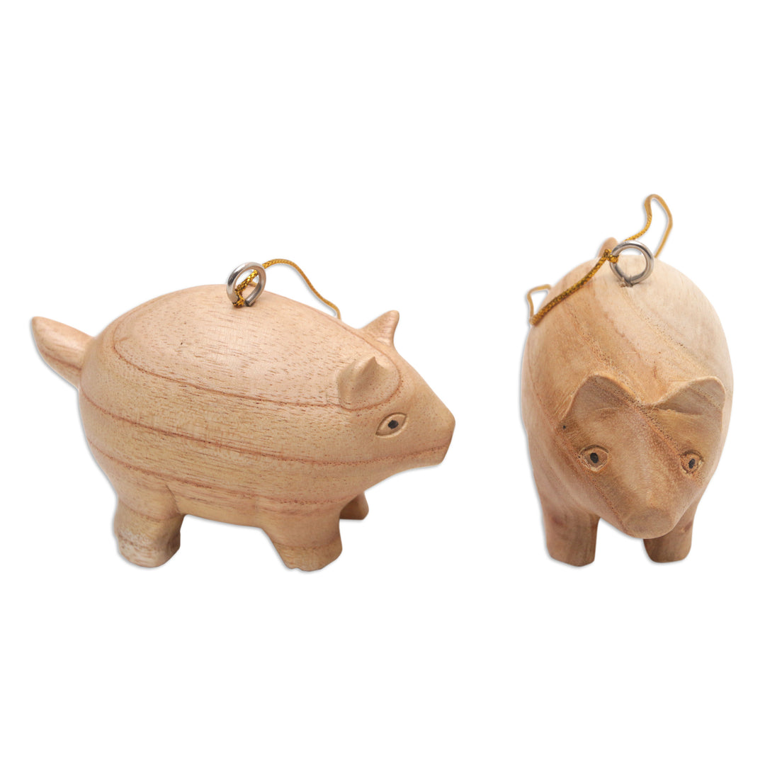 Pair of Wood Pig Ornaments Hand-Carved in Bali - Chubby Piggies