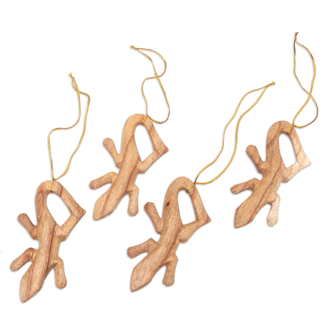 Set of 4 Wood Lizard Ornaments Hand-Carved in Bali - Creeping Lizards