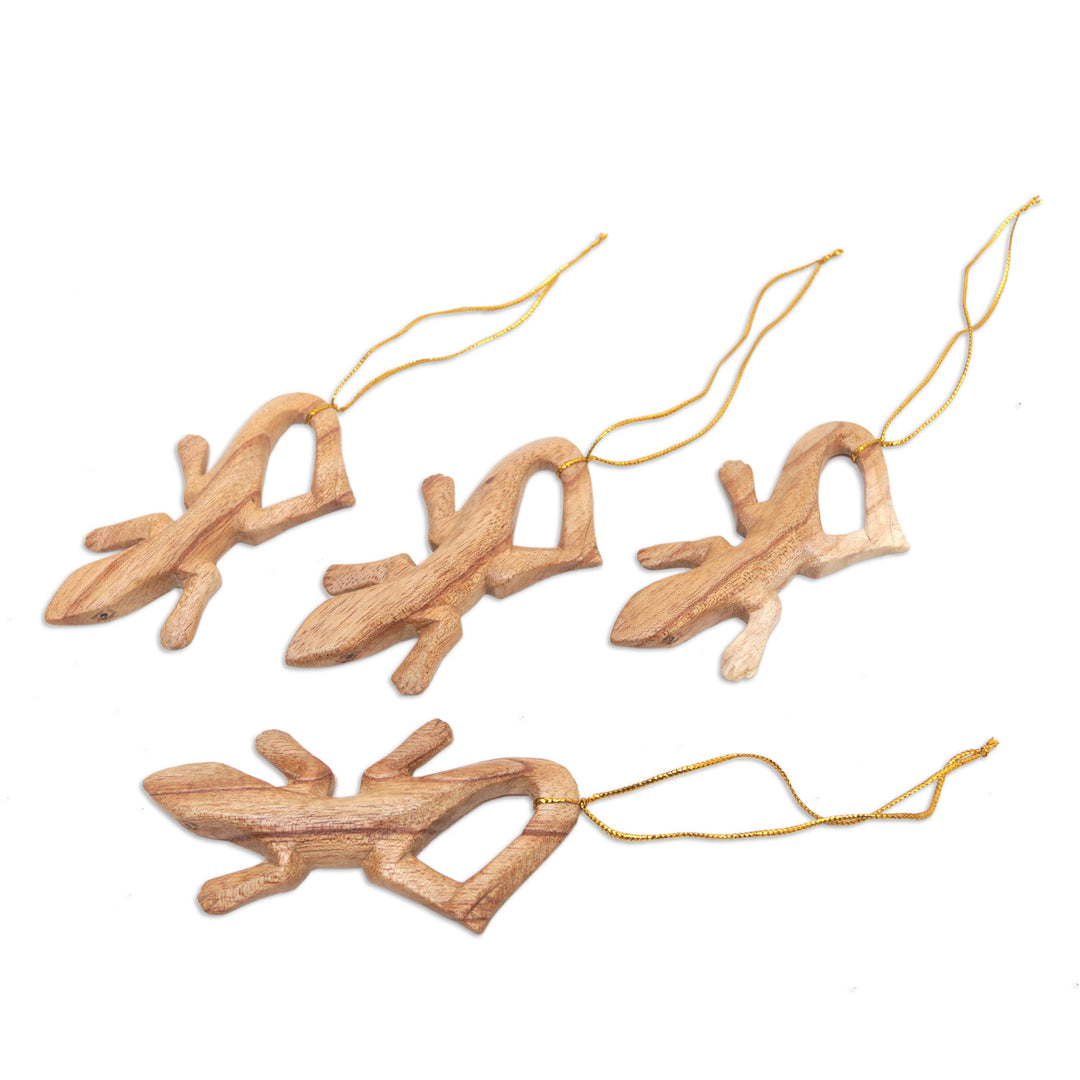 Set of 4 Wood Lizard Ornaments Hand-Carved in Bali - Creeping Lizards