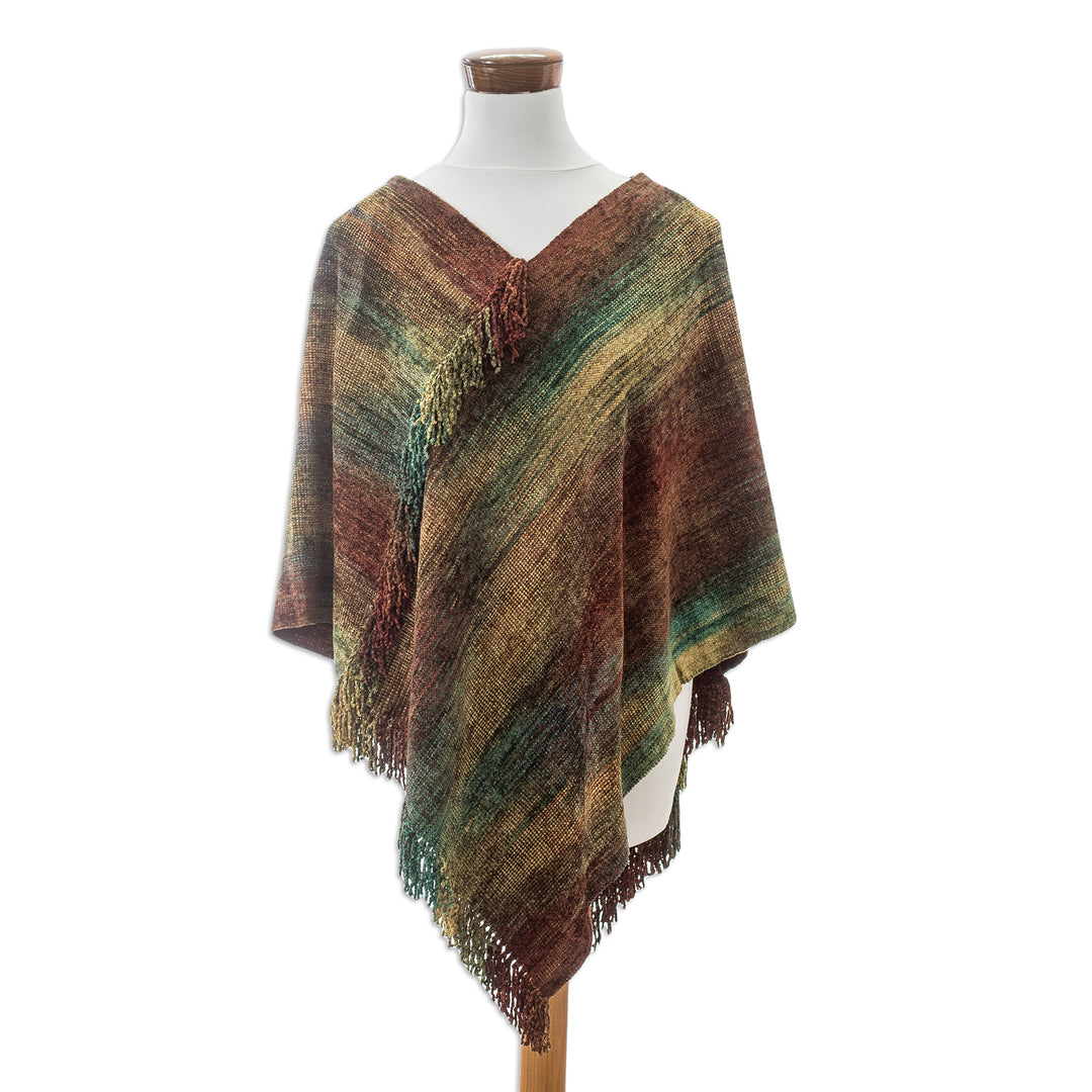 Handwoven Cotton Blend Poncho in Red and Turquoise Hues - Autumn Dreams