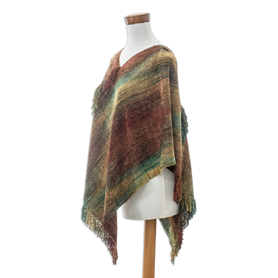Handwoven Cotton Blend Poncho in Red and Turquoise Hues - Autumn Dreams