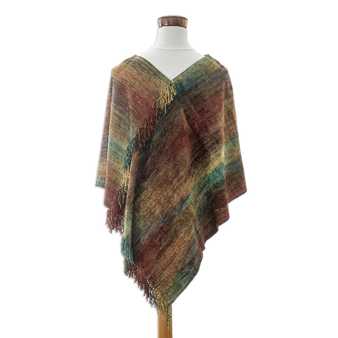 Handwoven Cotton Blend Poncho in Red and Turquoise Hues - Autumn Dreams