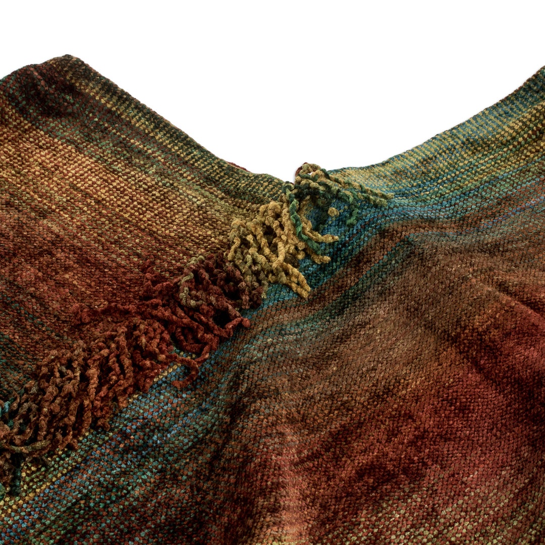 Handwoven Cotton Blend Poncho in Red and Turquoise Hues - Autumn Dreams