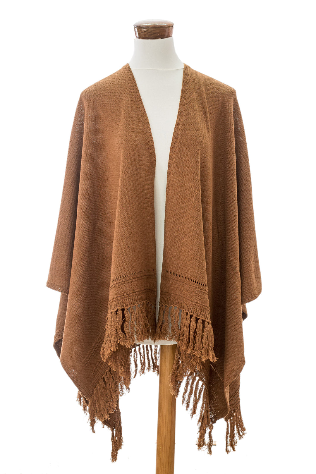 Brown Cotton Ruana with Fringes Handloomed in Guatemala - Ancestral Ginger