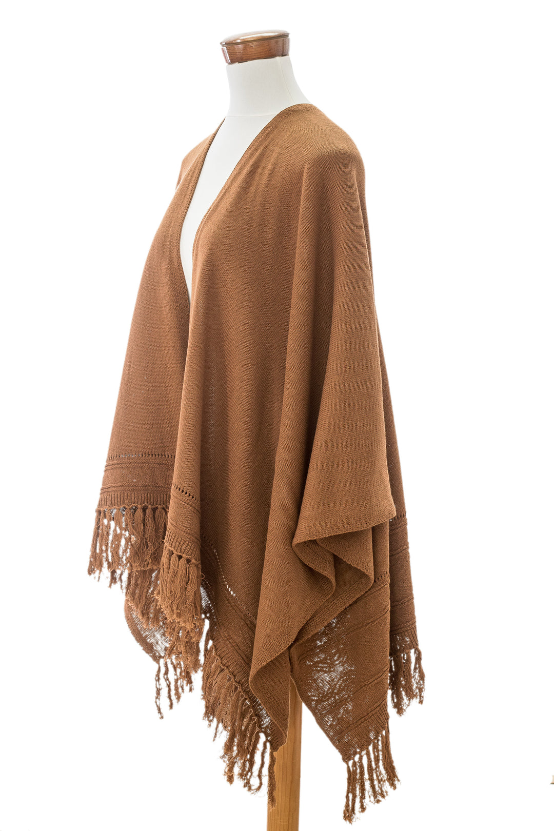 Brown Cotton Ruana with Fringes Handloomed in Guatemala - Ancestral Ginger