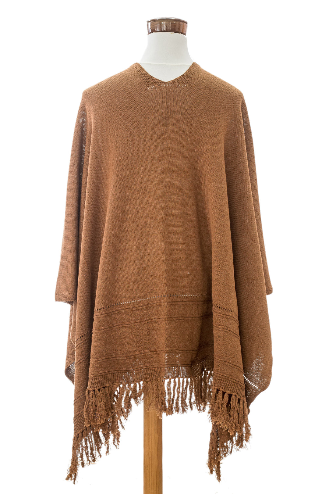 Brown Cotton Ruana with Fringes Handloomed in Guatemala - Ancestral Ginger