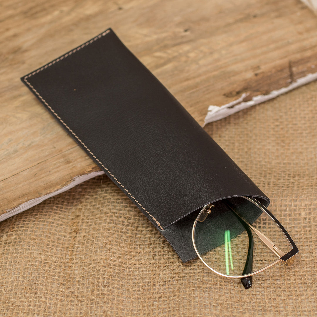 Handcrafted Unlined Black Leather Glasses Case with Open Top - A Glance at Elegance
