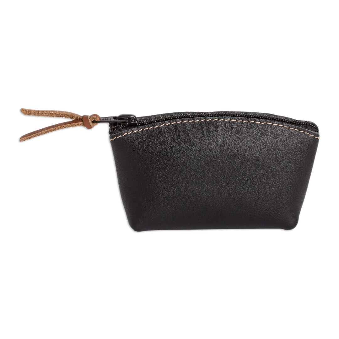 Handcrafted Black Leather Coin Purse with Zipper Closure - Night Treasure