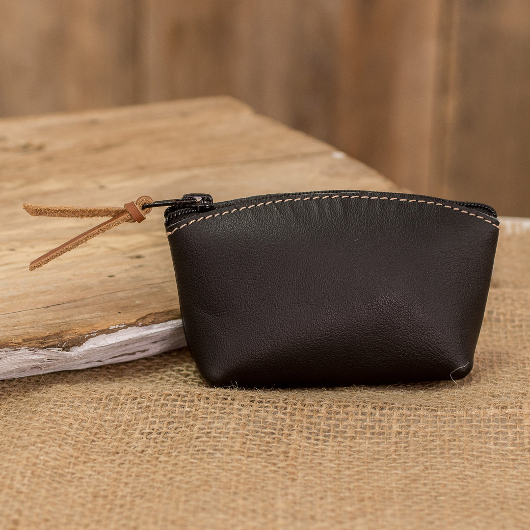 Handcrafted Black Leather Coin Purse with Zipper Closure - Night Treasure