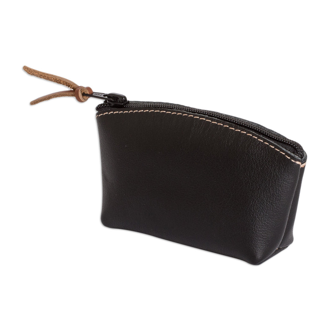 Handcrafted Black Leather Coin Purse with Zipper Closure - Night Treasure
