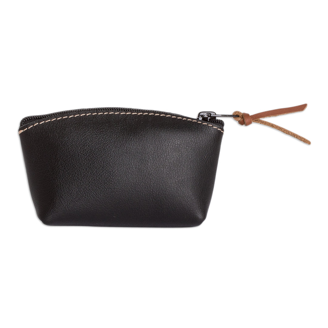 Handcrafted Black Leather Coin Purse with Zipper Closure - Night Treasure