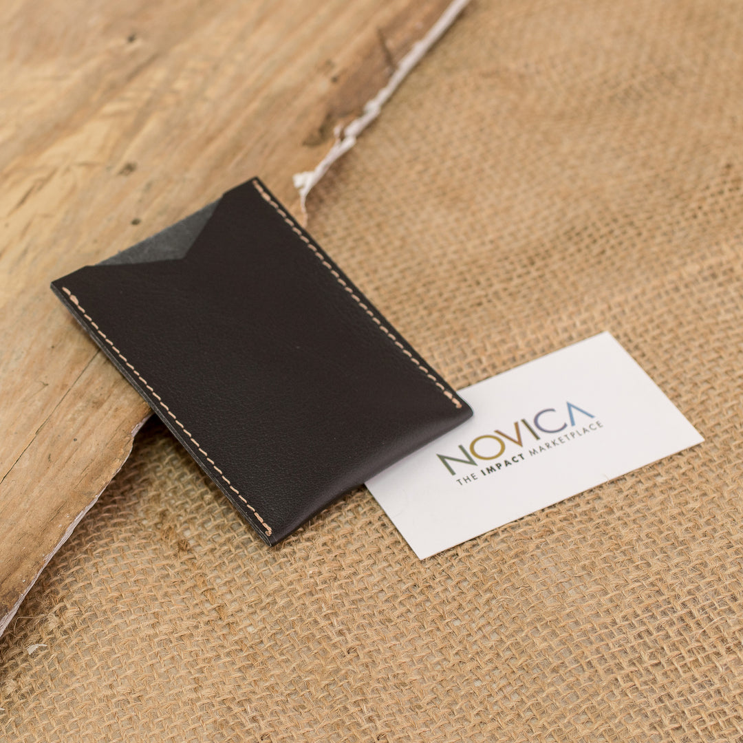Handcrafted Black Leather Card Holder with Open Top - Night Wealth
