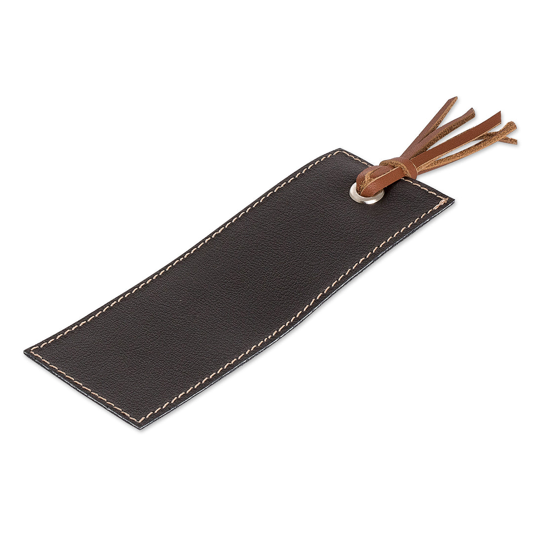 Handcrafted Black Leather Bookmark with Brown Fringes - Night Reading