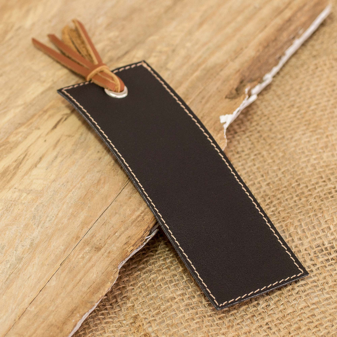 Handcrafted Black Leather Bookmark with Brown Fringes - Night Reading