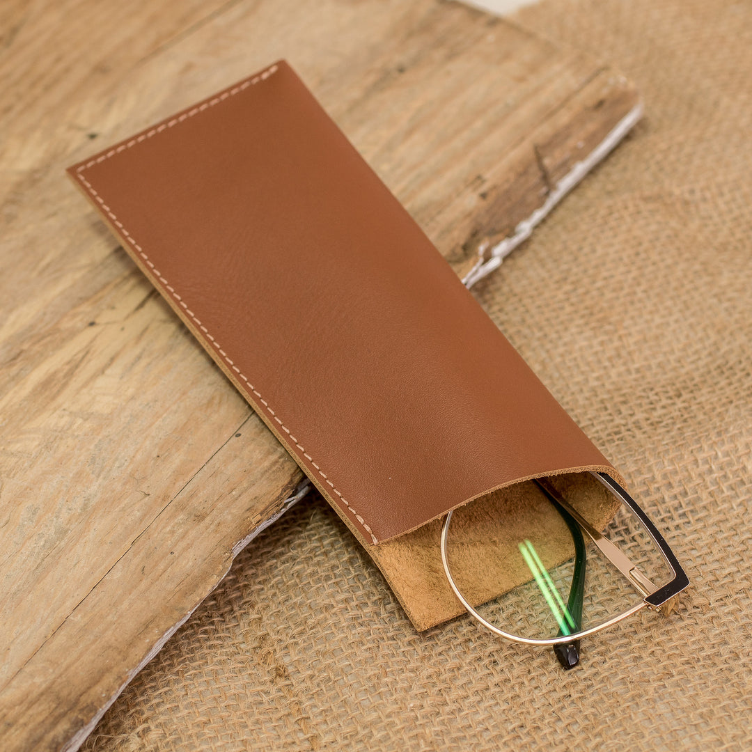 Handcrafted Unlined Brown Leather Glasses Case with Open Top - A Glance at Sophistication