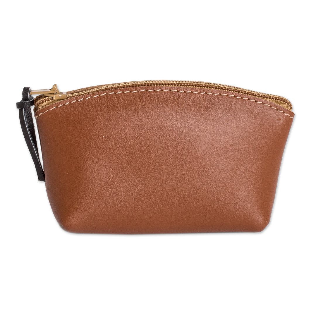 Handcrafted Brown Leather Coin Purse with Zipper Closure - Evening Treasure