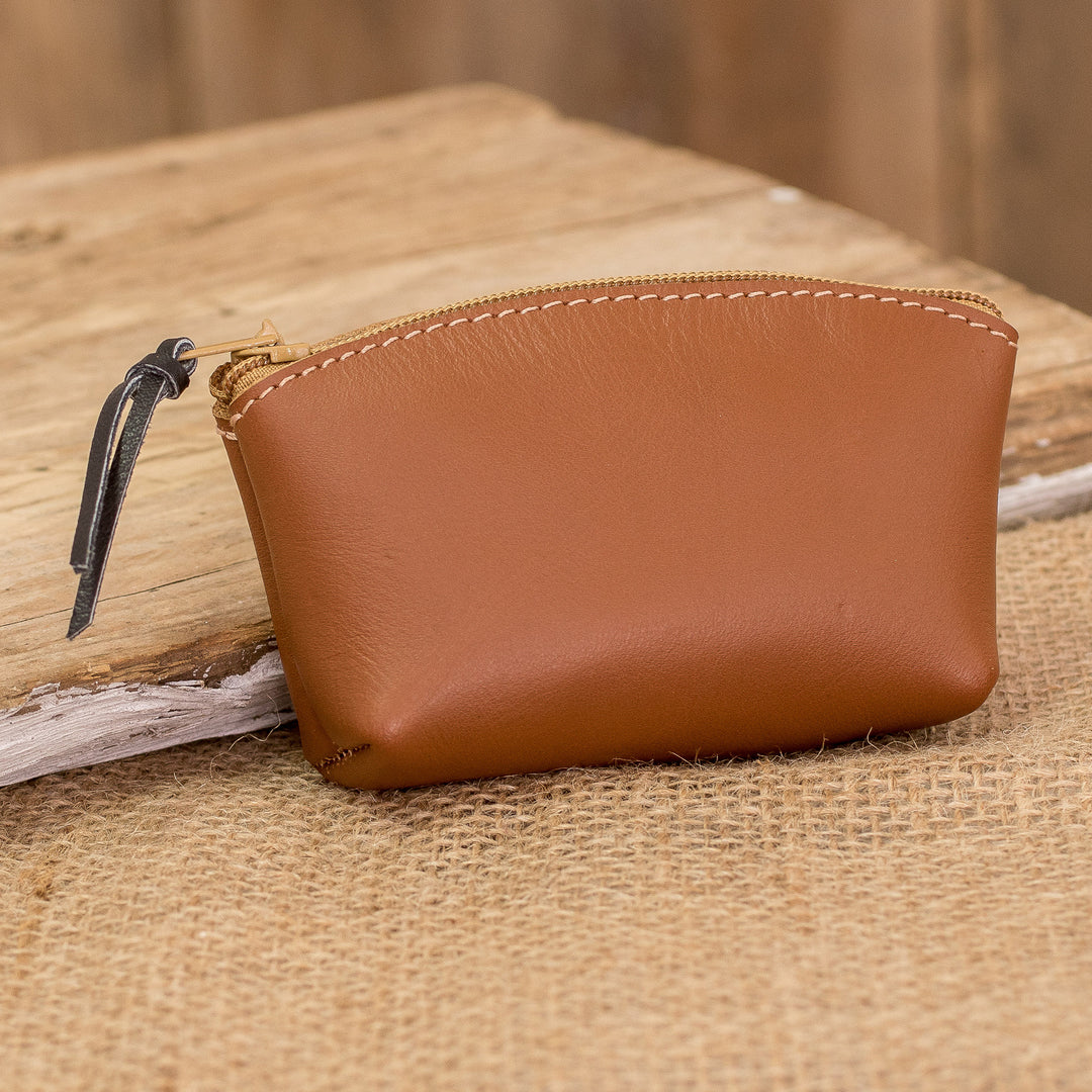 Handcrafted Brown Leather Coin Purse with Zipper Closure - Evening Treasure