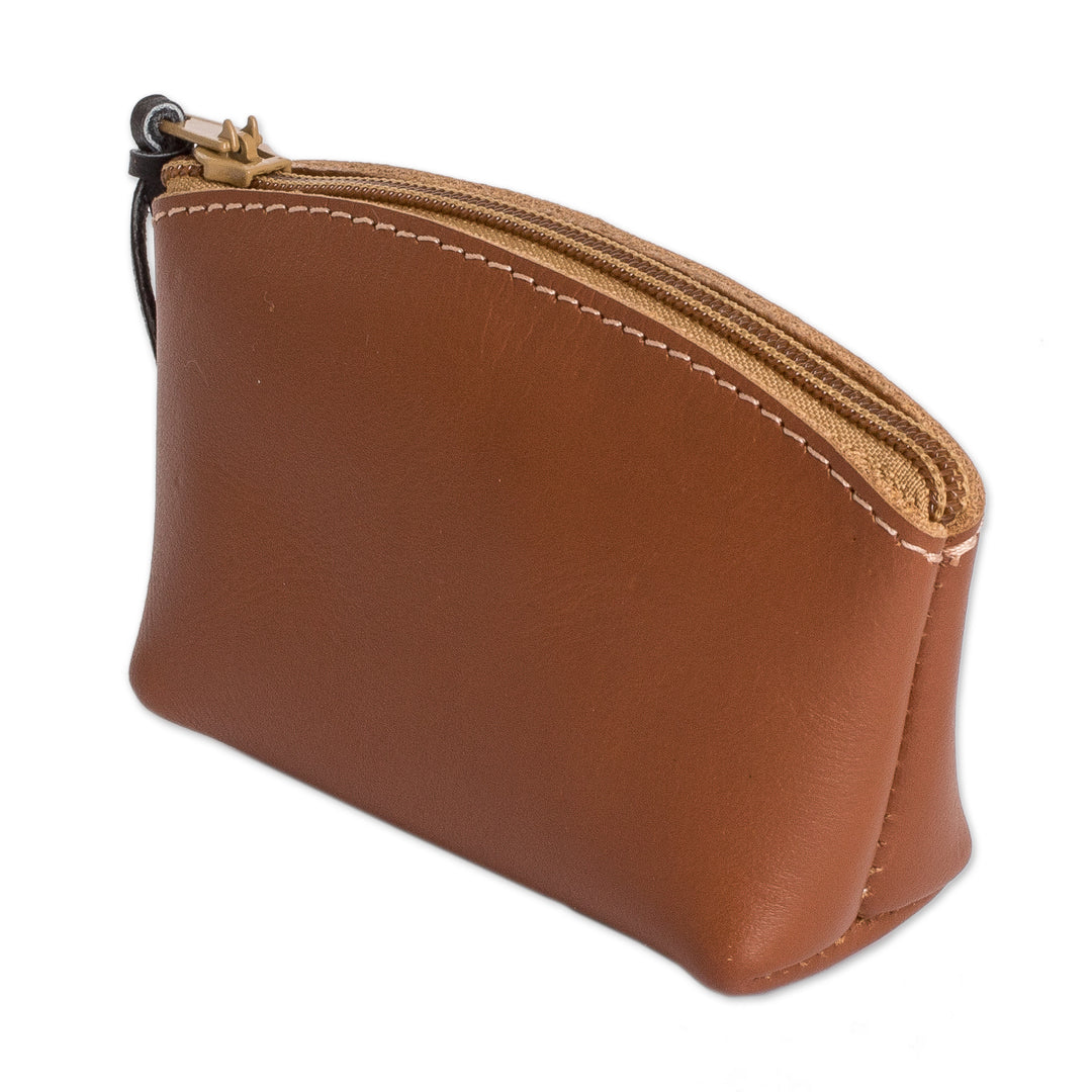Handcrafted Brown Leather Coin Purse with Zipper Closure - Evening Treasure