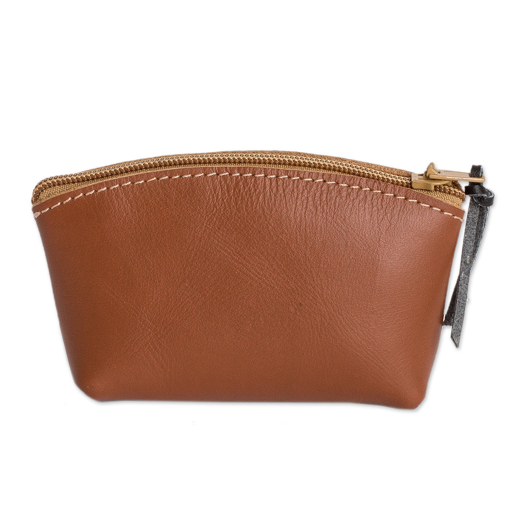 Handcrafted Brown Leather Coin Purse with Zipper Closure - Evening Treasure