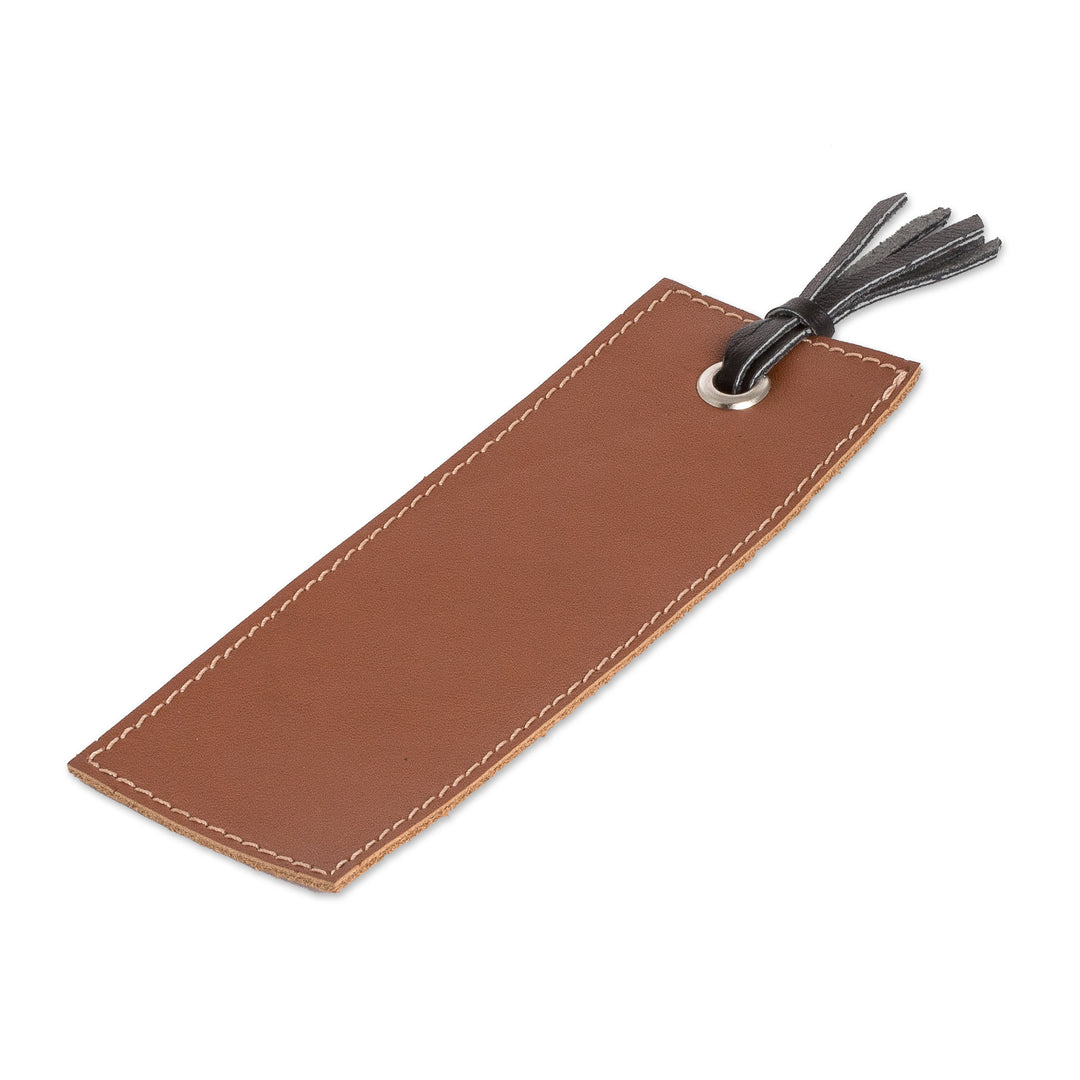 Handcrafted Brown Leather Bookmark with Black Fringes - Evening Reading