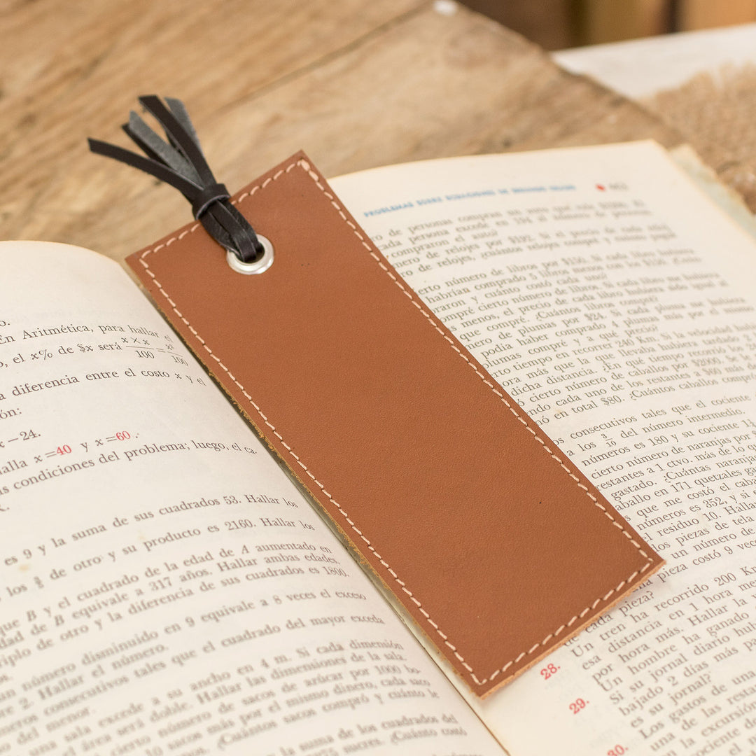 Handcrafted Brown Leather Bookmark with Black Fringes - Evening Reading