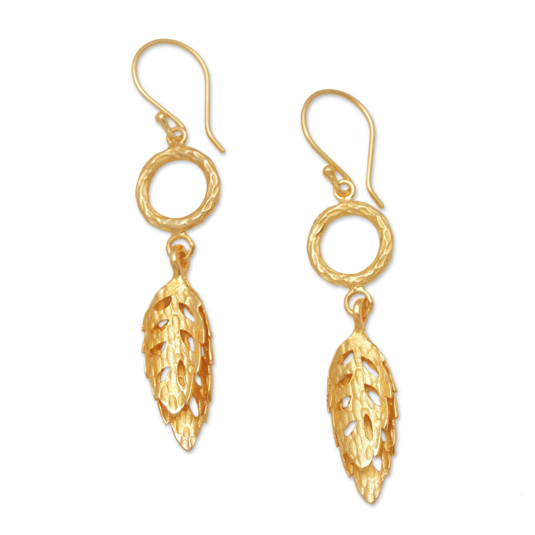 Leafy 18k Gold-Plated Brass Dangle Earrings from Bali - Autumn Sensations