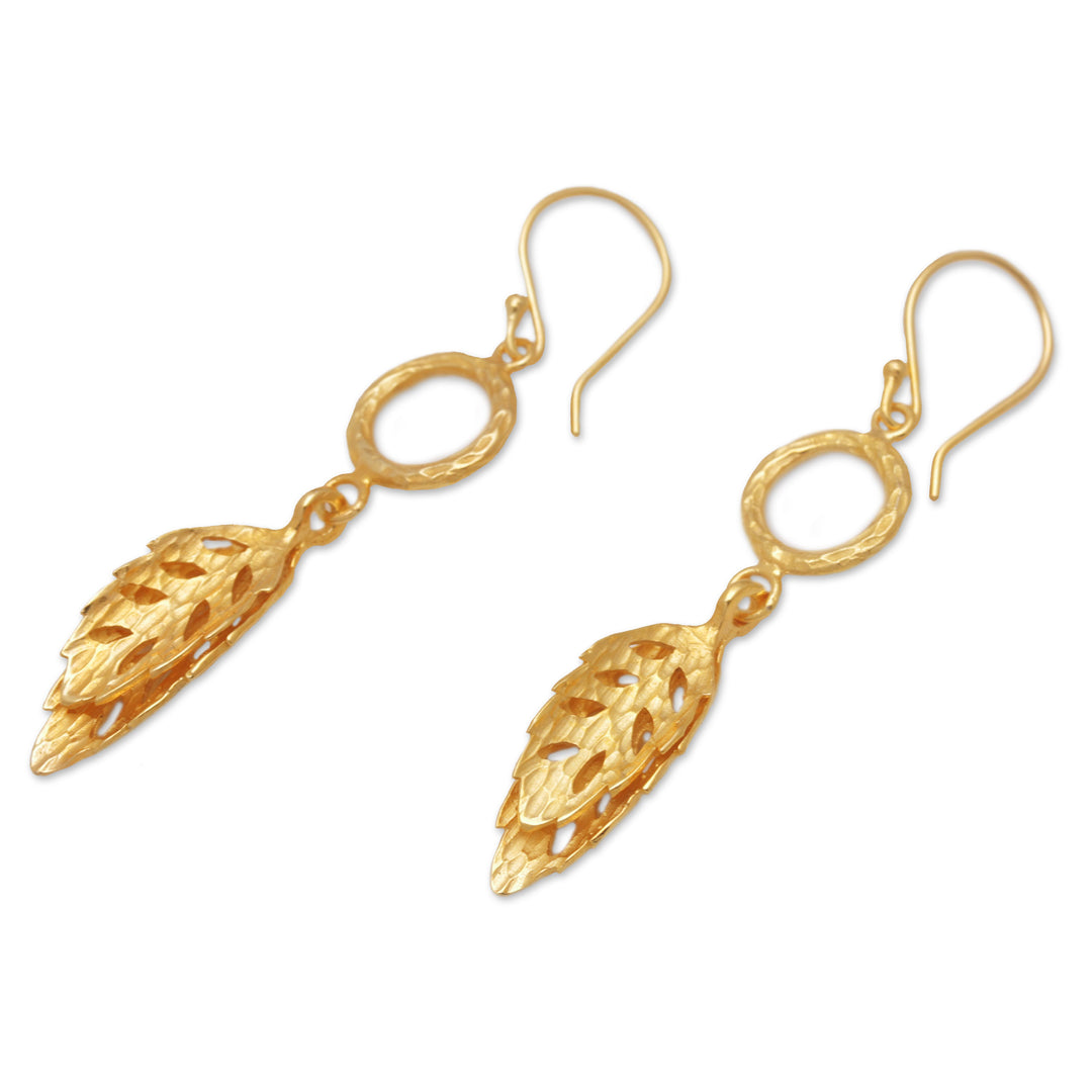 Leafy 18k Gold-Plated Brass Dangle Earrings from Bali - Autumn Sensations