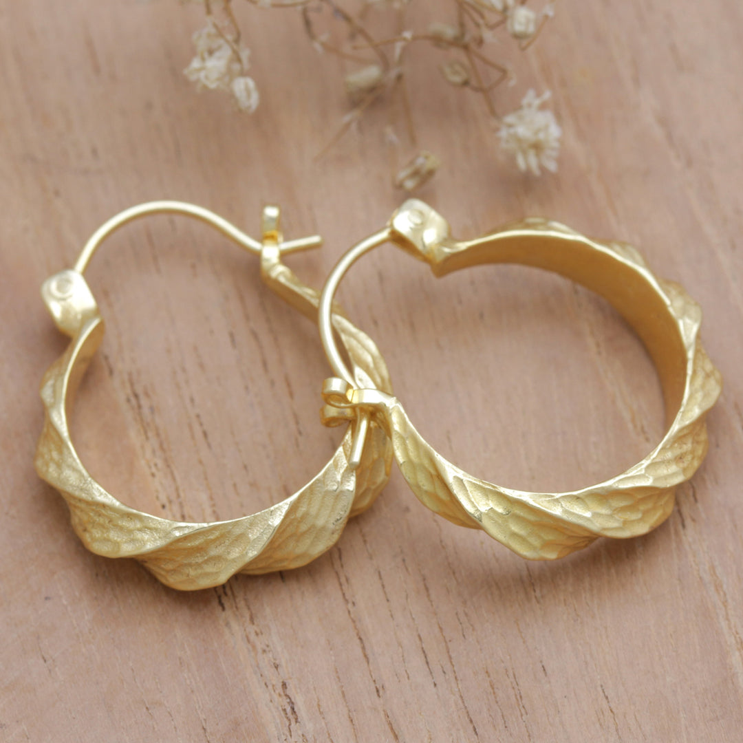 18k Gold-Plated Brass Hoop Earrings with Hammered Finish - Celestial Twists