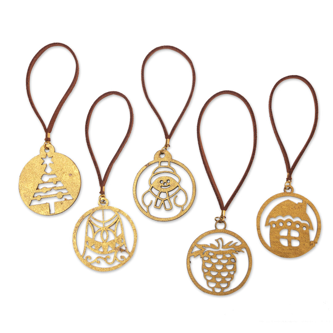 Set of 5 Handcrafted Gold-Toned Holiday Ornaments from Bali - Magical Celebration