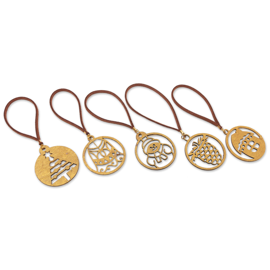 Set of 5 Handcrafted Gold-Toned Holiday Ornaments from Bali - Magical Celebration