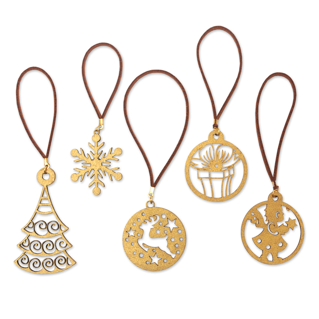 Set of 5 Handcrafted Gold-Toned Christmas Ornaments - Christmas Feelings