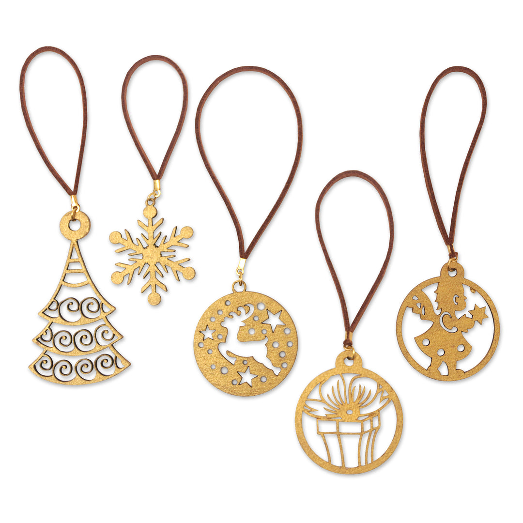 Set of 5 Handcrafted Gold-Toned Christmas Ornaments - Christmas Feelings