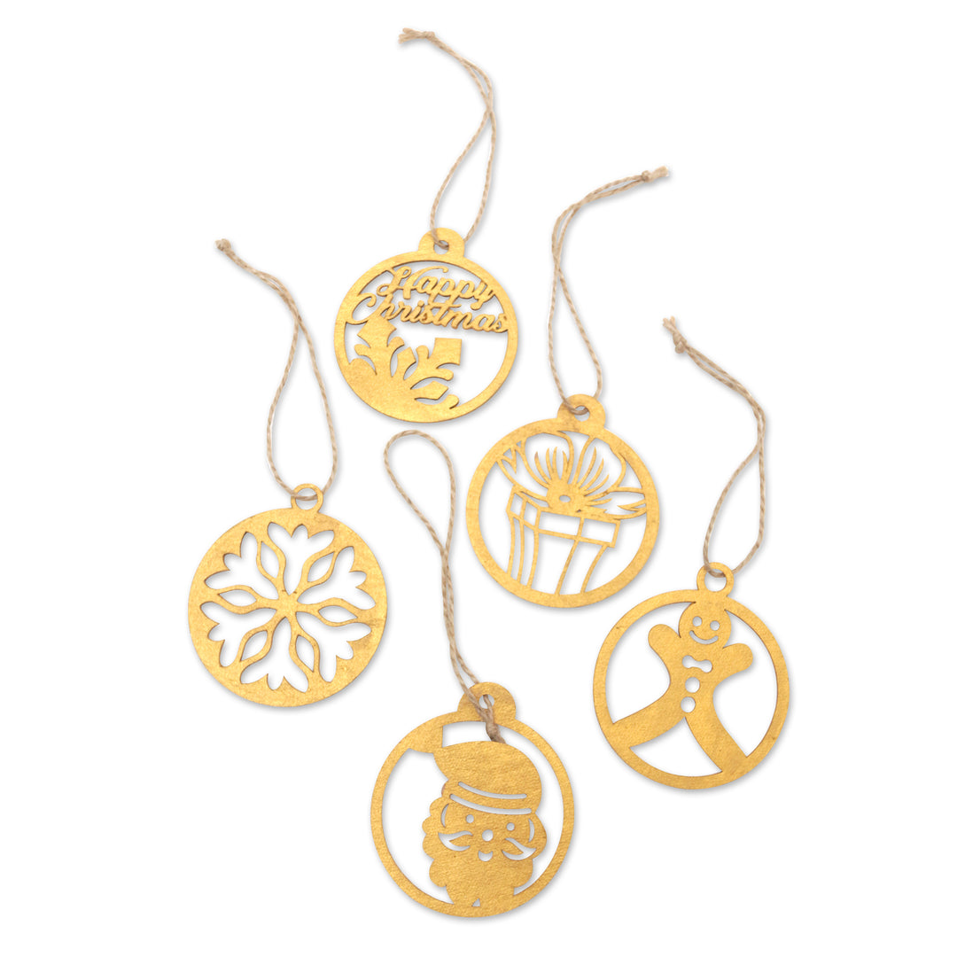 Gold-Toned Ornaments with Natura Fiber Cords (Set of 5) - Cute Celebration