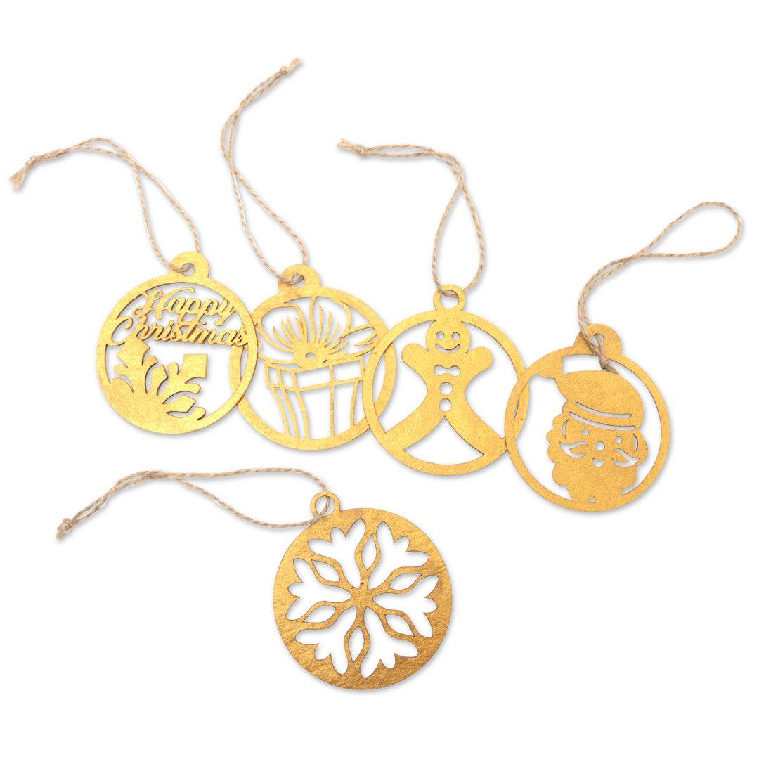 Gold-Toned Ornaments with Natura Fiber Cords (Set of 5) - Cute Celebration