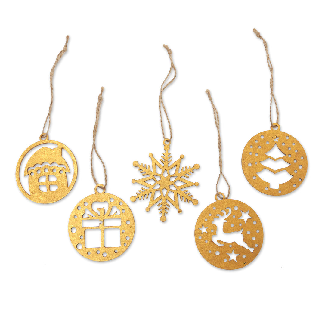 Set of 5 Handcrafted Gold-Toned Ornaments from Bali - Merry Gift