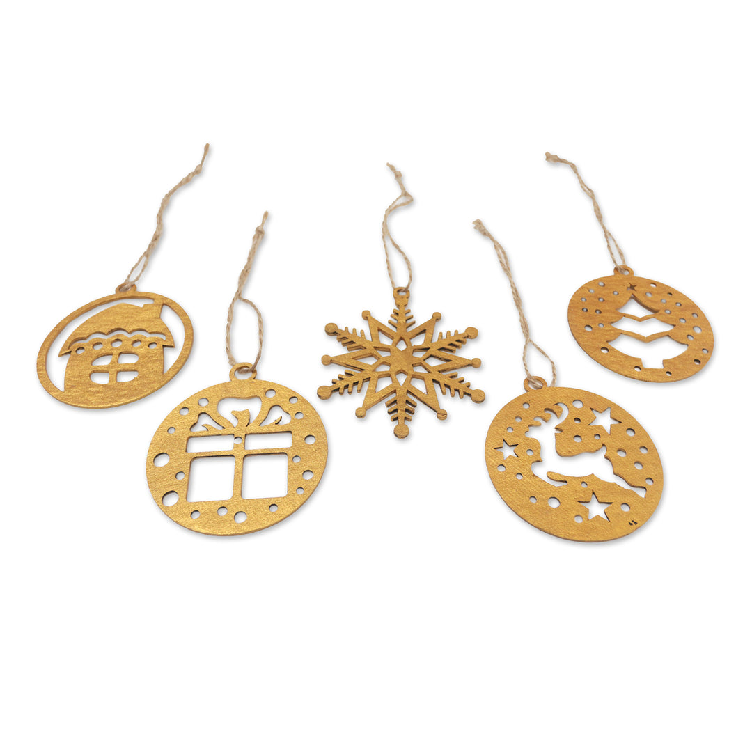 Set of 5 Handcrafted Gold-Toned Ornaments from Bali - Merry Gift