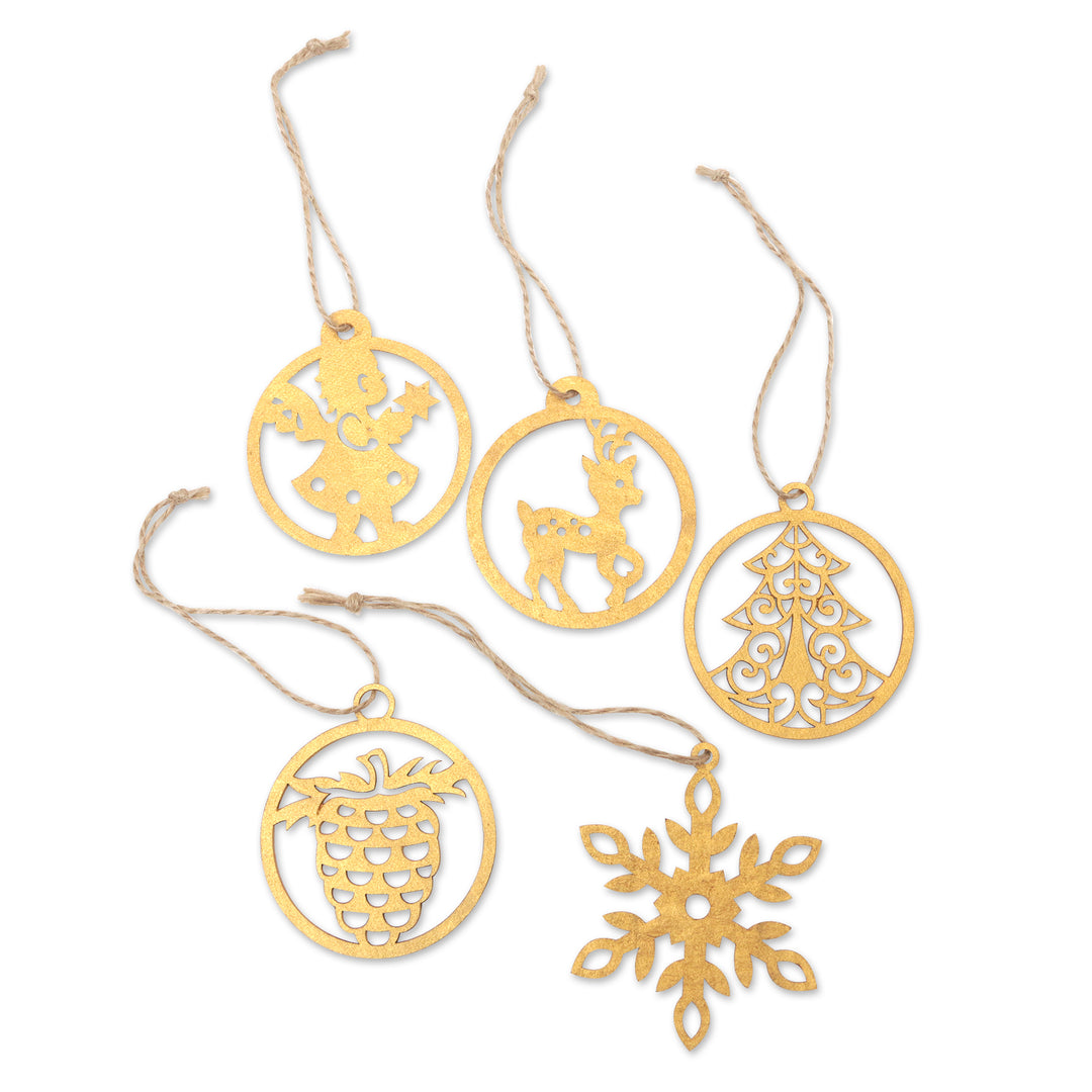 Set of 5 Handmade Holiday Ornaments in a Gold Tone - Merry Tradition