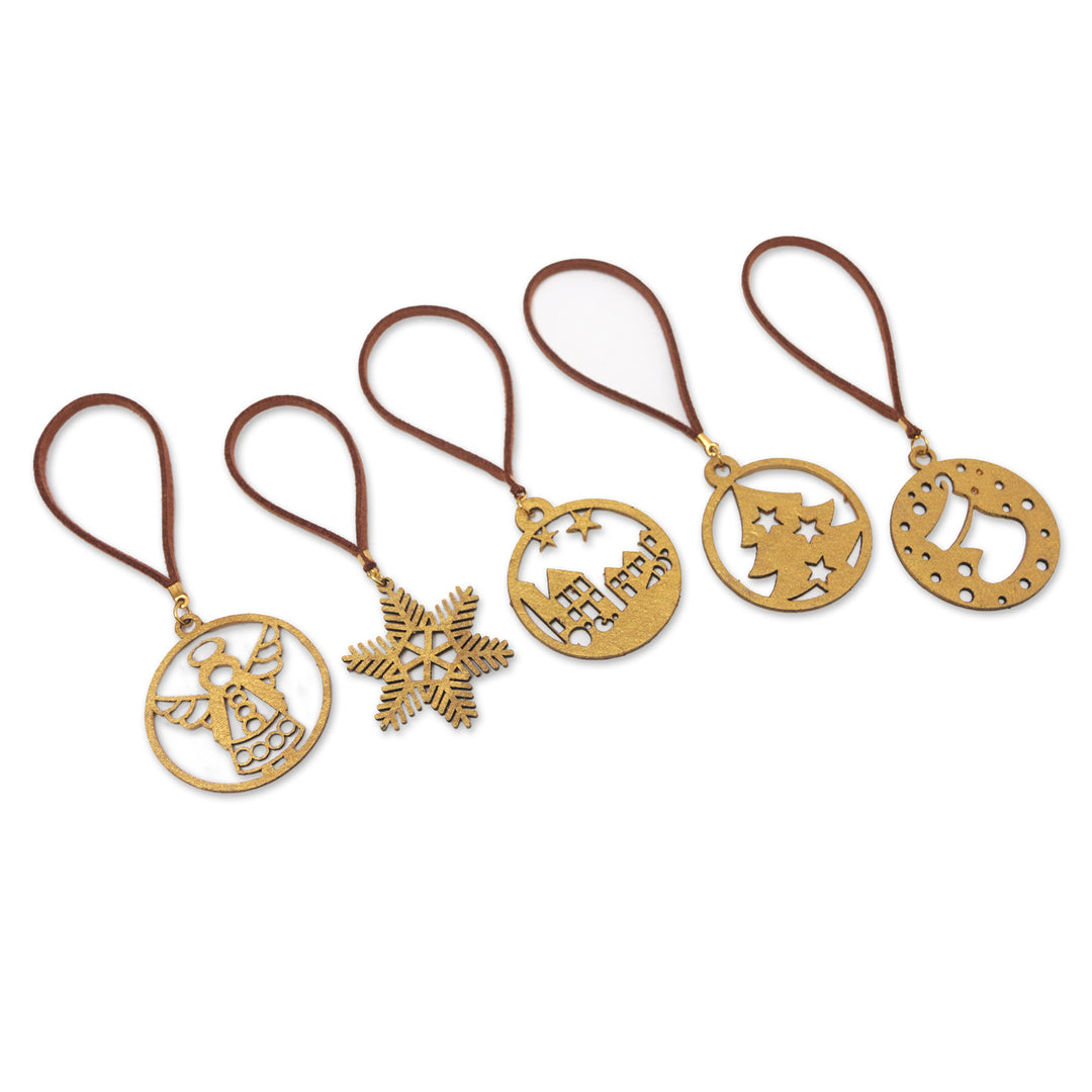 Handcrafted Gold-Toned Ornaments from Bali (Set of 5) - Magical Christmas