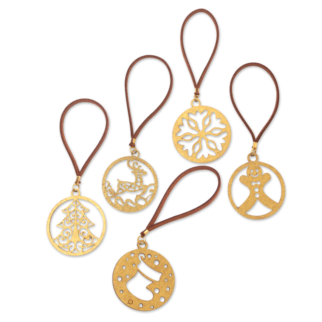 Handcrafted Gold-Toned Holiday Ornaments (Set of 5) - Snowy Magic
