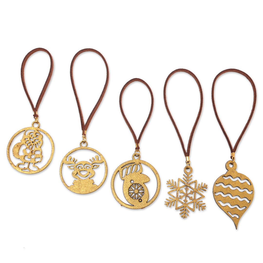 Handcrafted Gold-Toned Christmas Ornaments (Set of 5) - Merry Magic