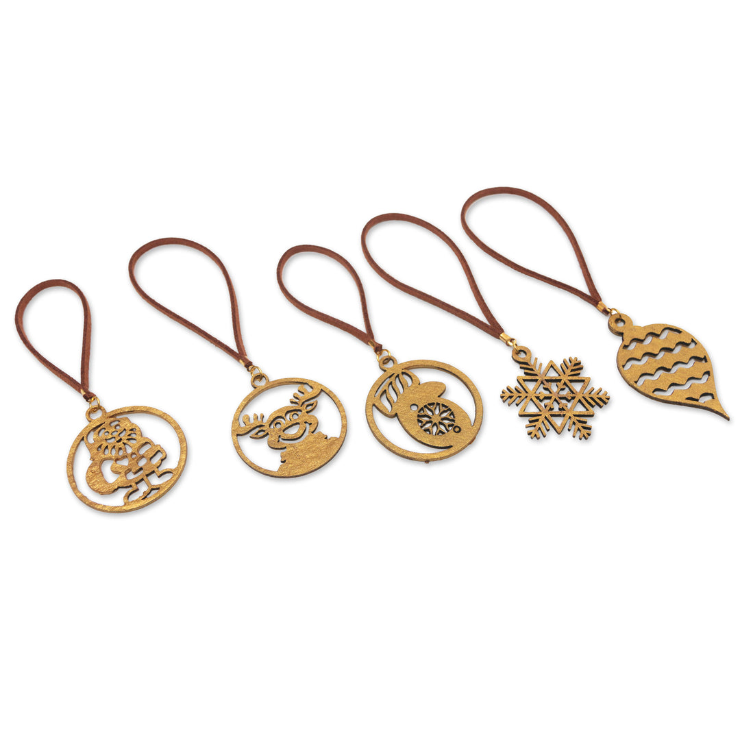 Handcrafted Gold-Toned Christmas Ornaments (Set of 5) - Merry Magic