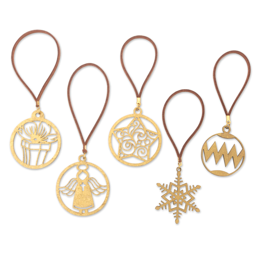 Handmade Holiday Gold-Toned Cardboard Ornaments (Set of 5) - Joyful Magic