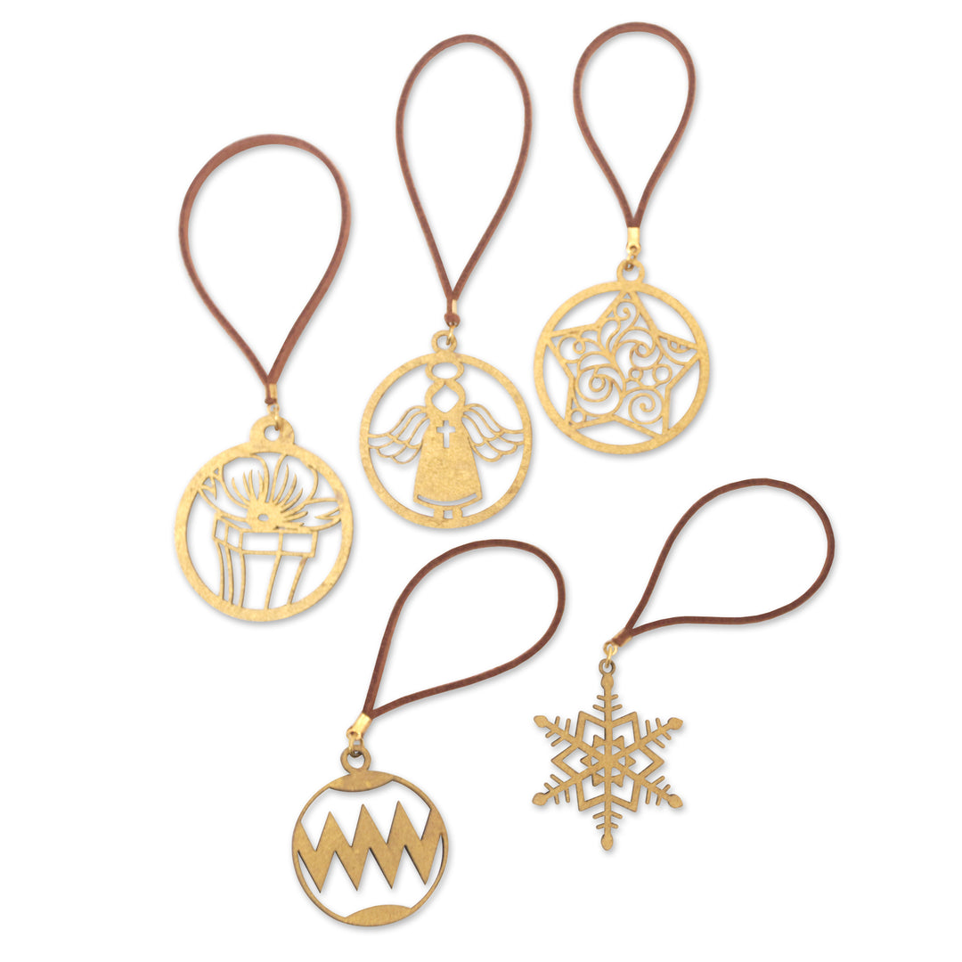 Handmade Holiday Gold-Toned Cardboard Ornaments (Set of 5) - Joyful Magic