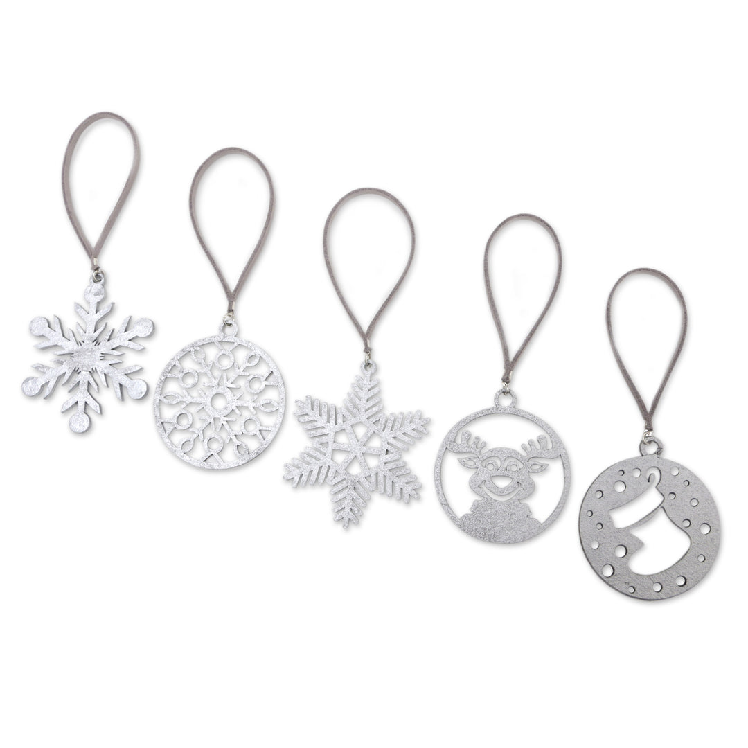 Set of 5 Handmade Silver-Toned Holiday Ornaments - Merry Eve