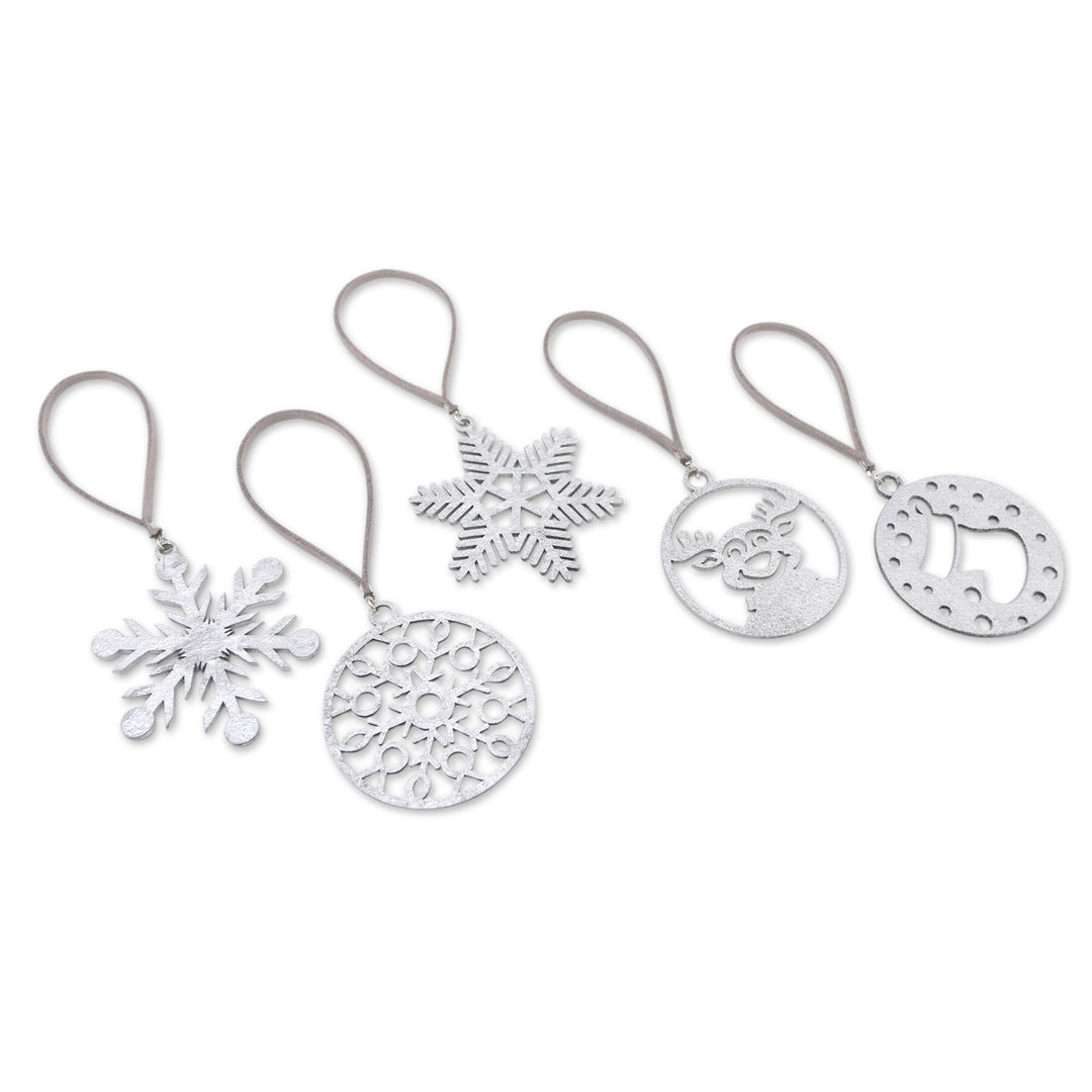 Set of 5 Handmade Silver-Toned Holiday Ornaments - Merry Eve