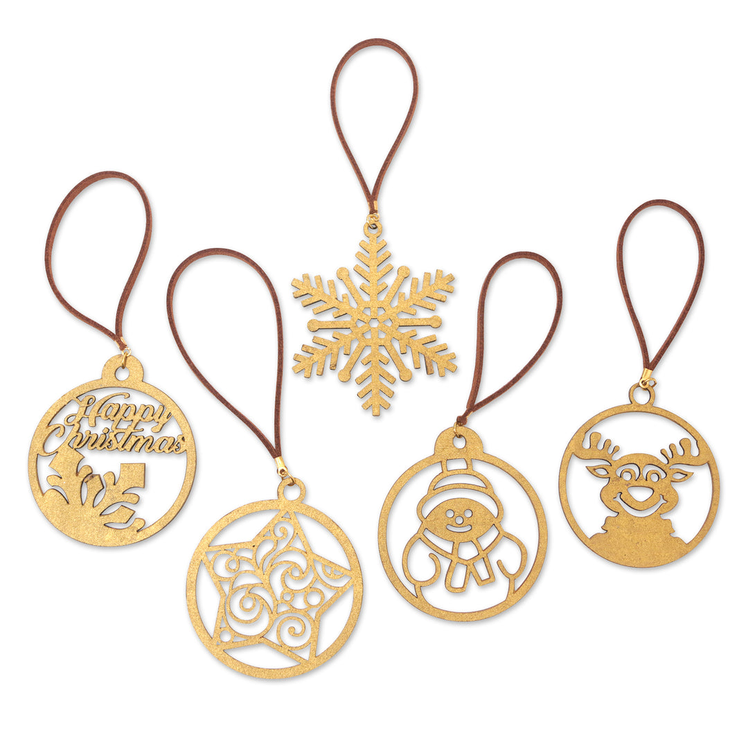 Handmade Christmas Gold-Toned Cardboard Ornaments (Set of 5) - Christmas Emotions