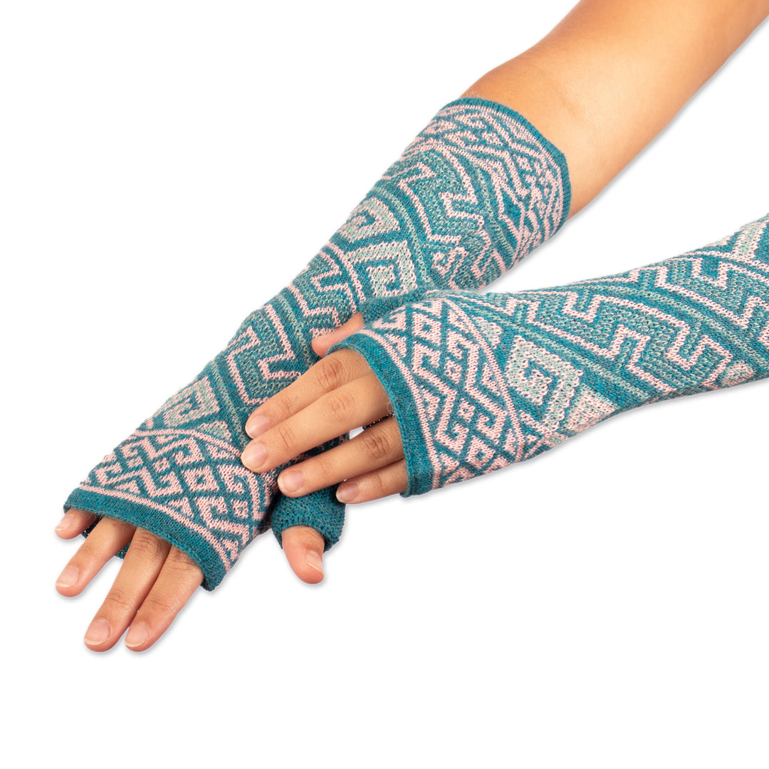 Turquoise 100% Baby Alpaca Unisex Knit Fingerless Mitts - Andean Inspiration