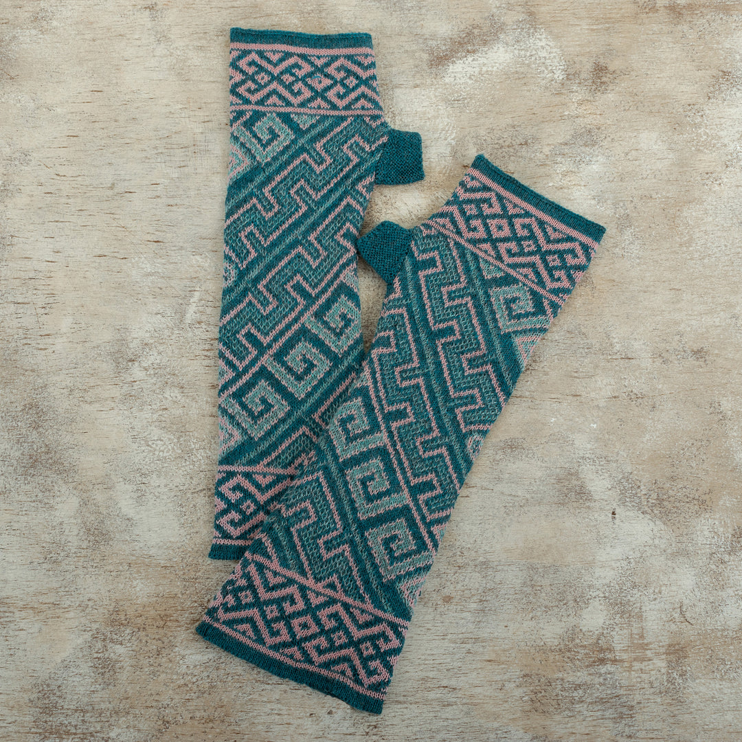 Turquoise 100% Baby Alpaca Unisex Knit Fingerless Mitts - Andean Inspiration