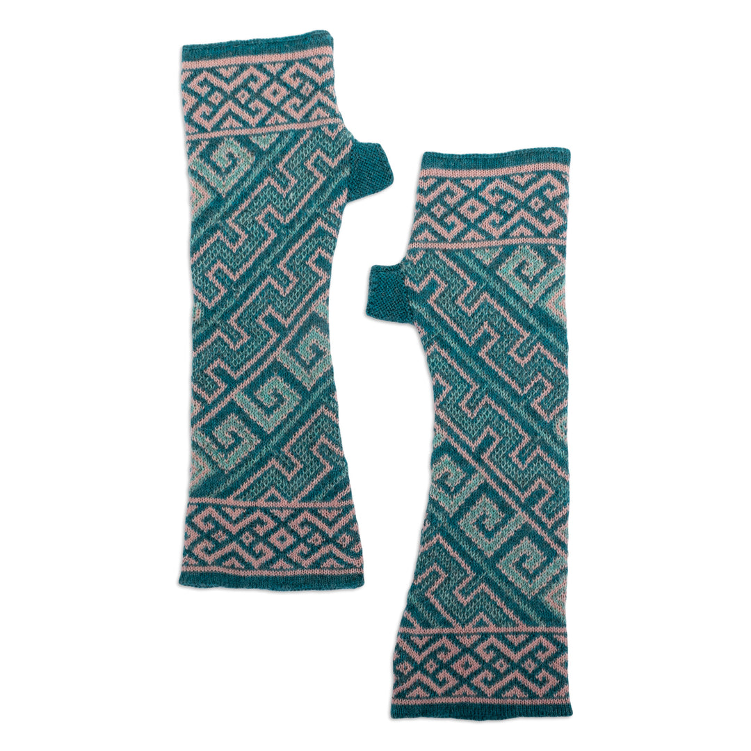 Turquoise 100% Baby Alpaca Unisex Knit Fingerless Mitts - Andean Inspiration